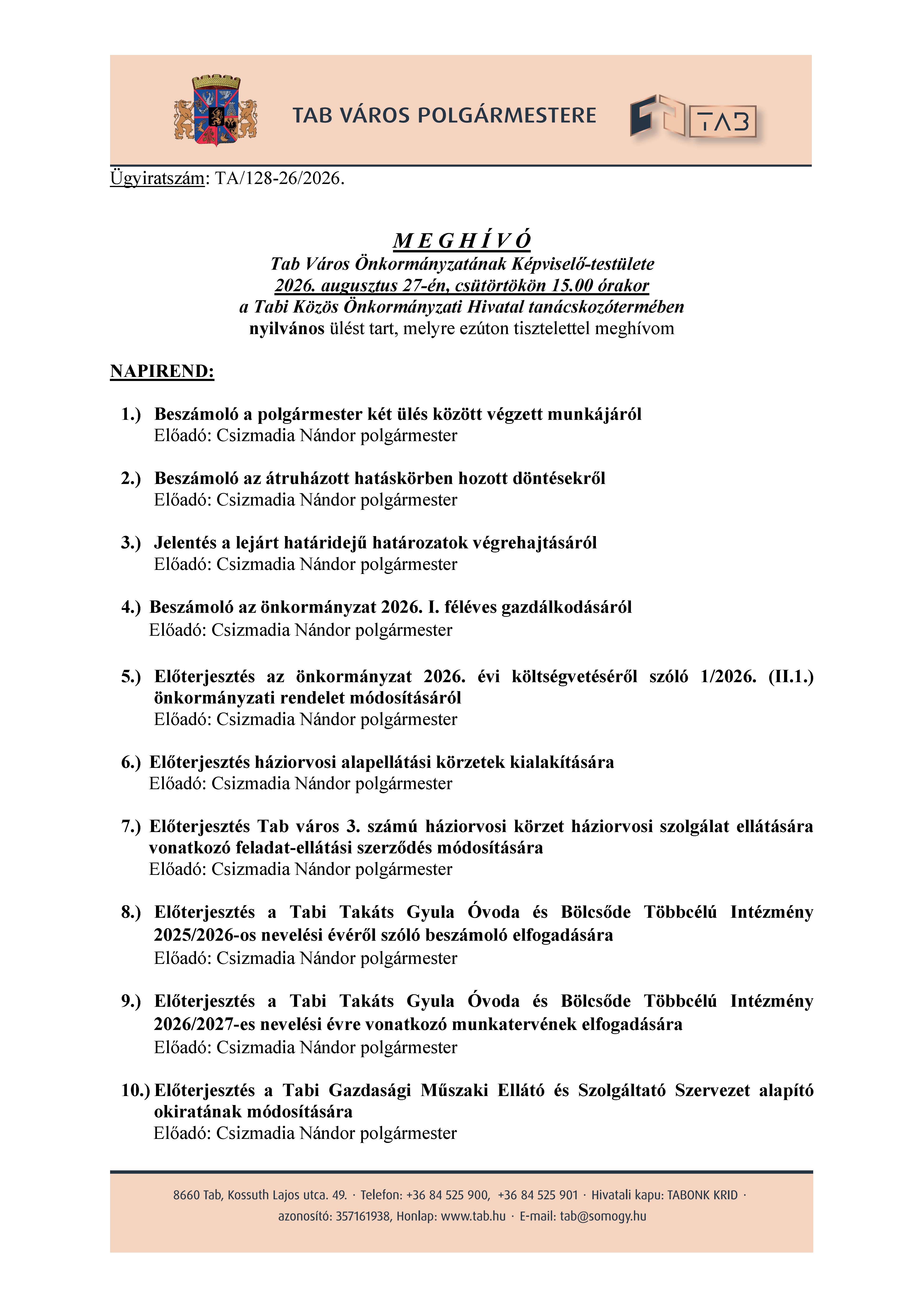 Meghívó Nyilvános Ülésre 2026. augusztus 27.